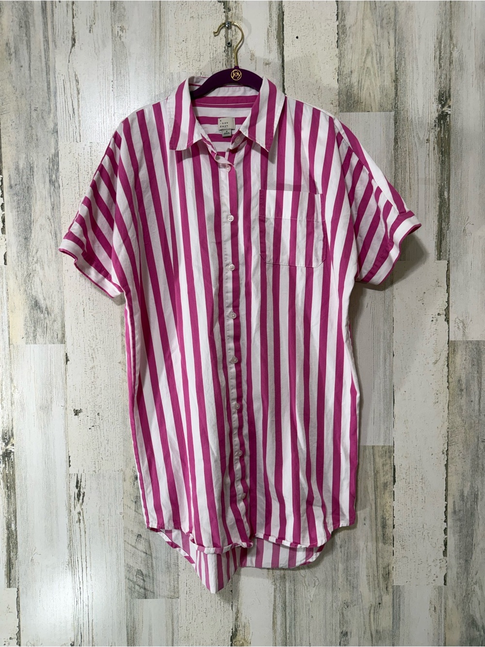 Pink and White Vertical Stripe Button-Down Shirt Dress